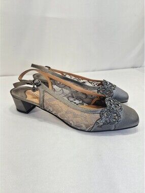 J. Renee Sandals Shoes Dressy Lace Satin Dark Gray Womens US 9.5W Low Heel NIB